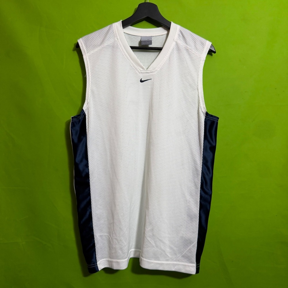 Nike Sports Vintage Mesh Basketball Jersey White Navy Blue Swoosh Y2K Medium